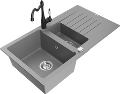 Mexen Matias 1.5-compartment granite sink with a drip tray and kitchen mixer tap Carla, Grey - 6502-71-670700-70