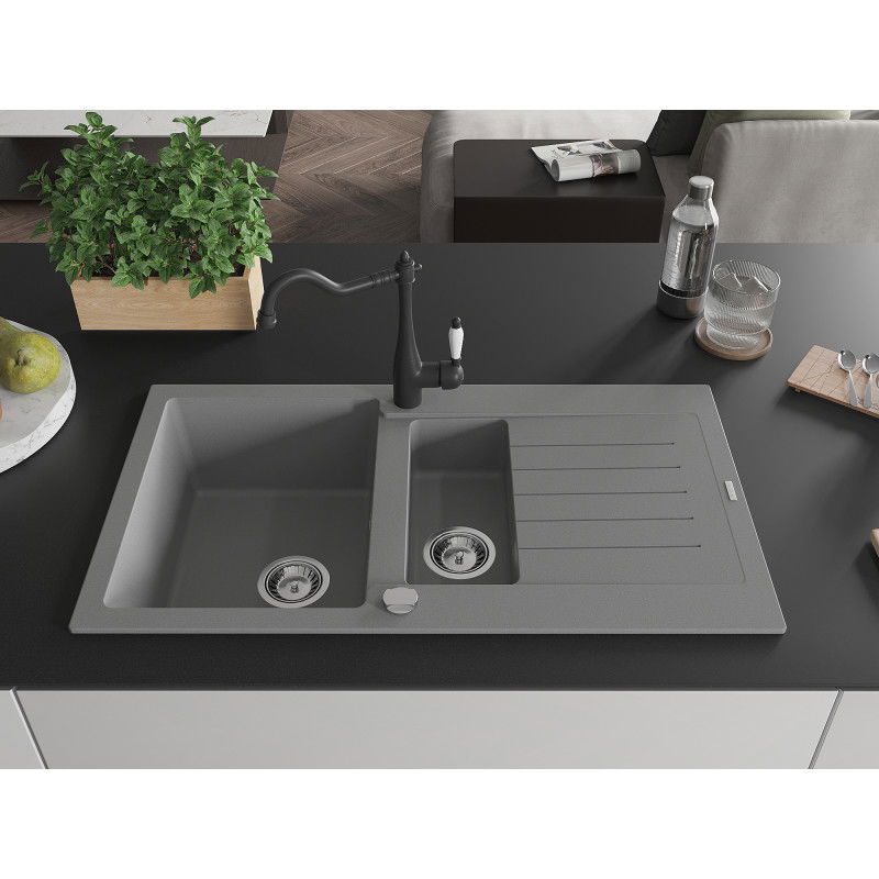 Mexen Matias granite sink 1.5-bowl with drainer and Carla kitchen tap, grey - 6502-71-670700-70