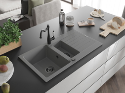 Mexen Matias 1.5-compartment granite sink with a drip tray and kitchen mixer tap Carla, Grey - 6502-71-670700-70-B