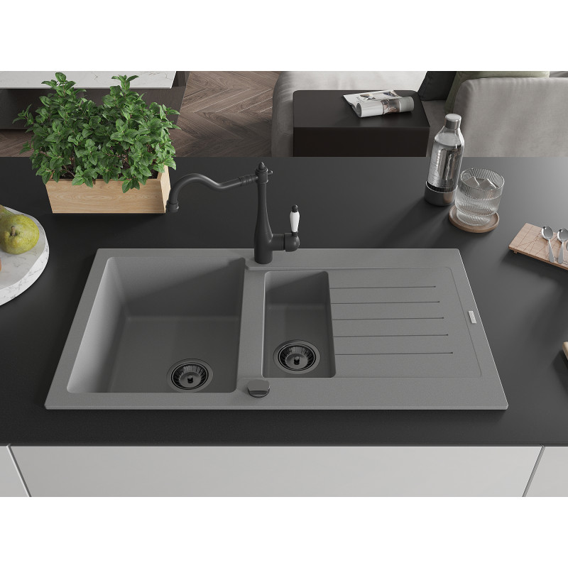 Mexen Matias granite kitchen sink 1.5-bowl with drainer and kitchen faucet Carla, gray - 6502-71-670700-70-B