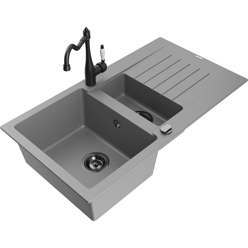 Mexen Matias 1.5-compartment granite sink with a drip tray and kitchen mixer tap Carla, Grey - 6502-71-670700-70-B