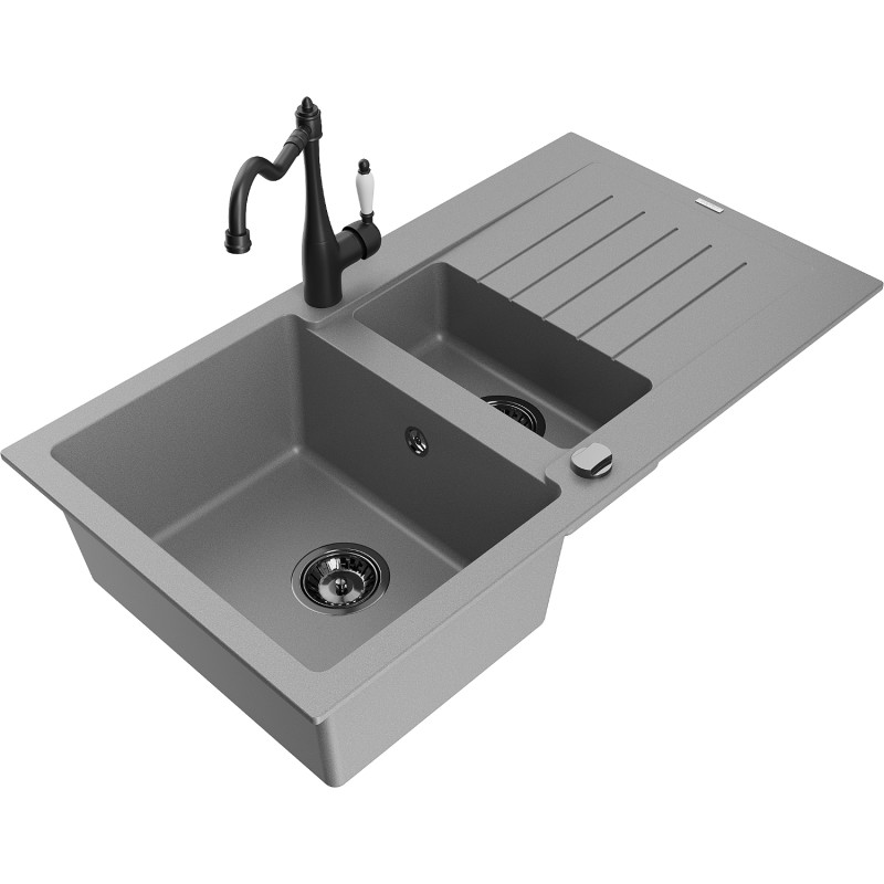 Mexen Matias granit kitchen sink 1.5-bowl with drainer and kitchen faucet Carla, gray - 6502-71-670700-70-B
