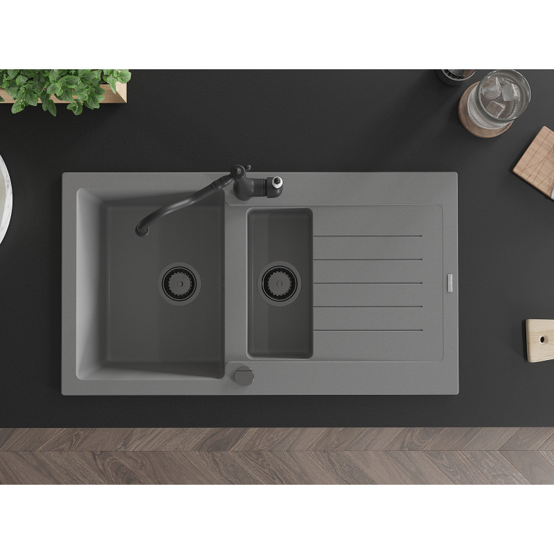 Mexen Matias granite kitchen sink 1.5-bowl with drainer and kitchen faucet Carla, gray - 6502-71-670700-70-B