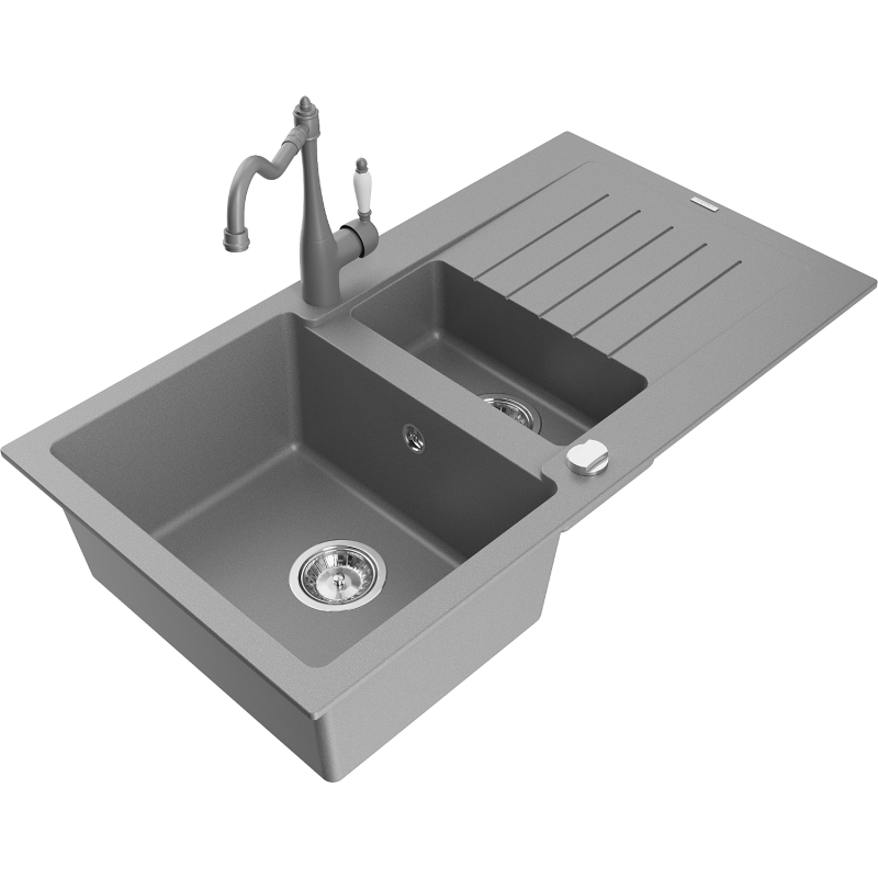 Mexen Matias 1.5-bowl granite kitchen sink with drainer and Carla mixer tap, grey - 6502-71-670700-71