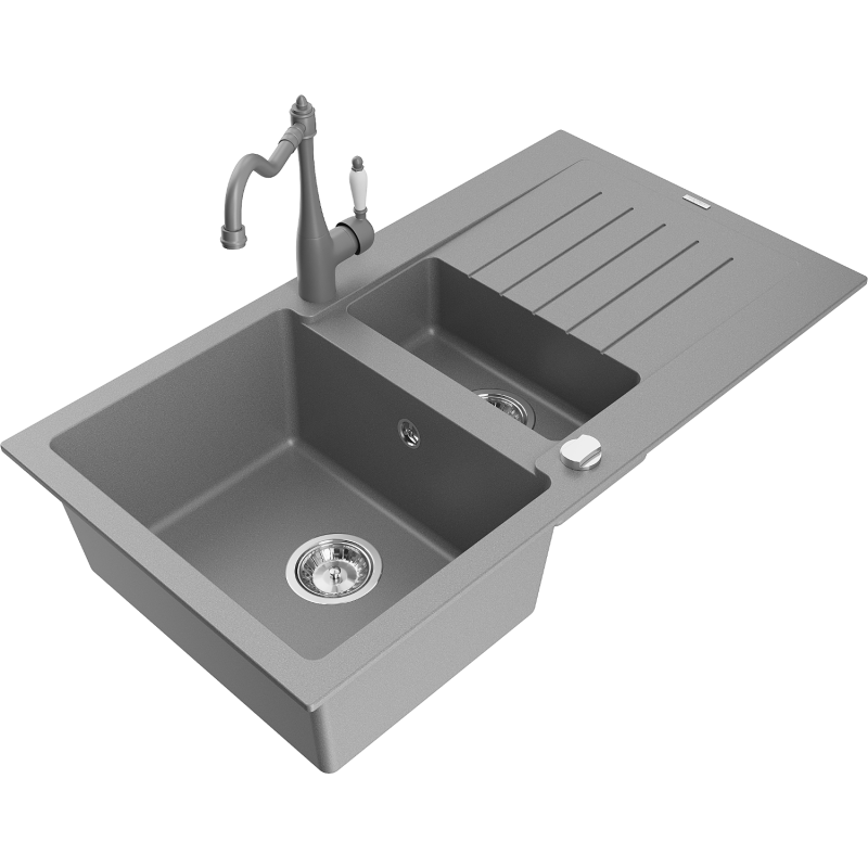 Mexen Matias 1.5-compartment granite sink with a drip tray and kitchen mixer tap Carla, Grey - 6502-71-670700-71