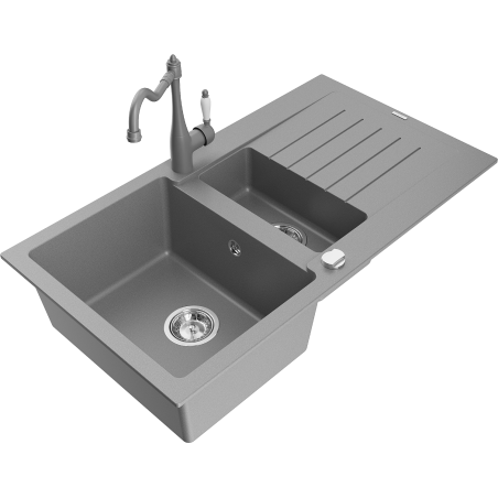 Mexen Matias 1.5-compartment granite sink with a drip tray and kitchen mixer tap Carla, Grey - 6502-71-670700-71