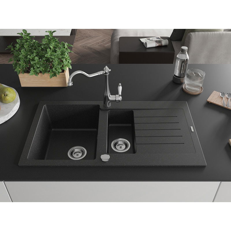 Mexen Matias granite sink 1.5-bowl with drainer and Carla kitchen tap black/silver metallic - 6502-73-670700-00