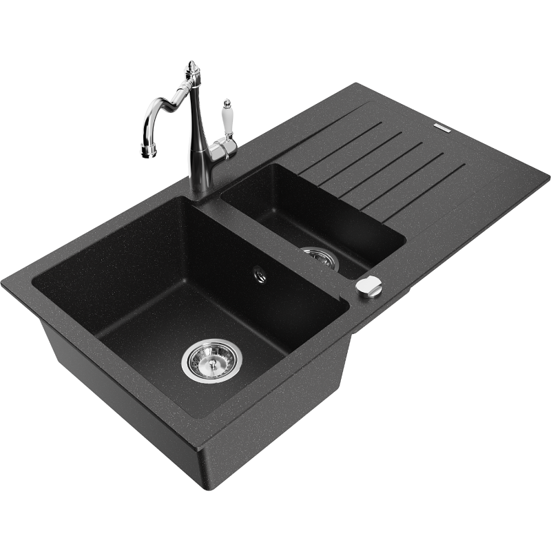 Mexen Matias 1.5-bowl granite kitchen sink with drainer and Carla kitchen faucet black/silver metallic - 6502-73-670700-00