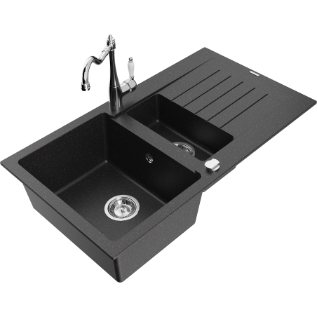 Mexen Matias granite sink 1.5-bowl with drainer and Carla kitchen tap black/silver metallic - 6502-73-670700-00