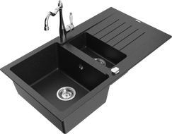 Mexen Matias 1.5-bowl granite sink with drainer and kitchen faucet Carla black/silver metallic - 6502-73-670700-00