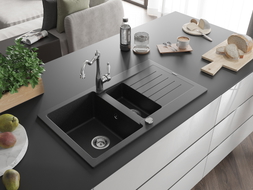 Mexen Matias 1.5-bowl granite sink with drainer and kitchen faucet Carla black/silver metallic - 6502-73-670700-00