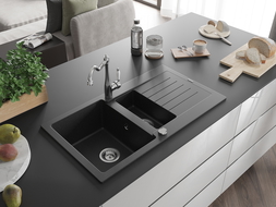 Mexen Matias 1.5-compartment granite sink with a drip tray and kitchen mixer tap Carla Black/Silver metallic - 6502-73-670700-00