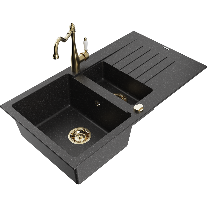 Mexen Matias 1.5-bowl granite sink with drainer and Carla kitchen tap black/silver metallic - 6502-73-670700-50