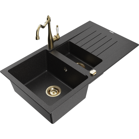Mexen Matias 1.5-bowl granite sink with drainer and Carla kitchen tap black/silver metallic - 6502-73-670700-50