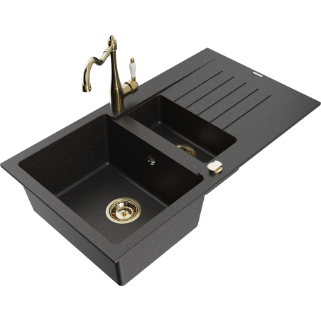 Mexen Matias Granite Sink 1.5-Bowl with Drainer and Kitchen Faucet Carla Black/Silver Metallic - 6502-73-670700-50