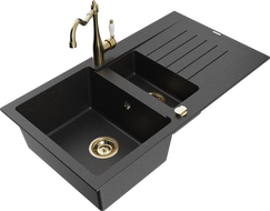 Mexen Matias 1.5-compartment granite sink with a drip tray and kitchen mixer tap Carla Black/Silver metallic - 6502-73-670700-50