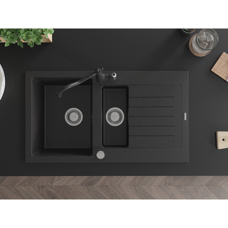 Mexen Matias 1.5-bowl granite sink with drainer and kitchen faucet Carla black/silver metallic - 6502-73-670700-70