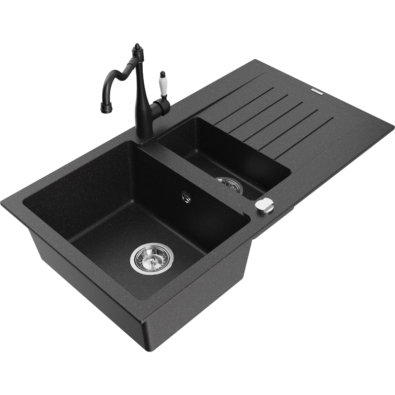 Mexen Matias 1.5-bowl granite sink with drainer and kitchen faucet Carla black/silver metallic - 6502-73-670700-70