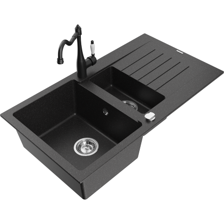 Mexen Matias 1.5-compartment granite sink with a drip tray and kitchen mixer tap Carla Black/Silver metallic - 6502-73-670700-70