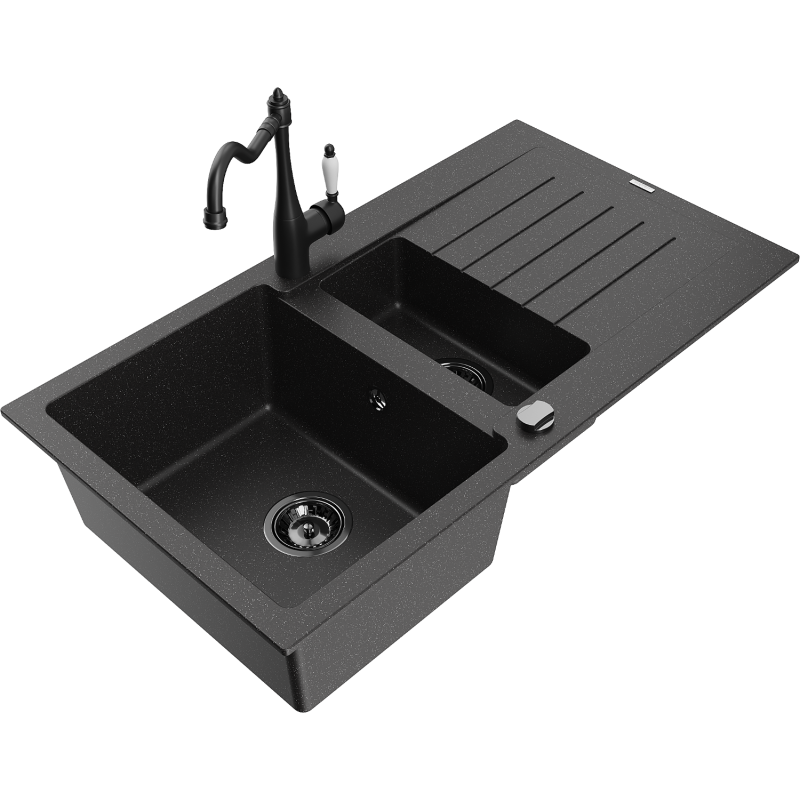 Mexen Matias 1.5-bowl granite kitchen sink with drainer and Carla kitchen faucet, black/silver - 6502-73-670700-70-B