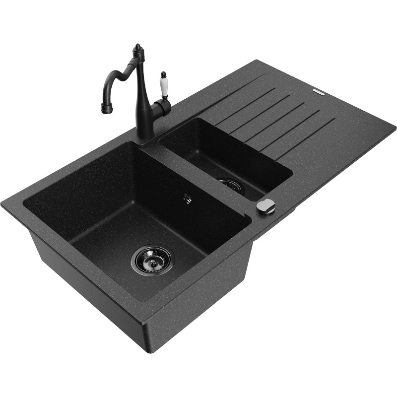 Mexen Matias 1.5-bowl granite sink with drainer and Carla kitchen faucet, black/silver - 6502-73-670700-70-B