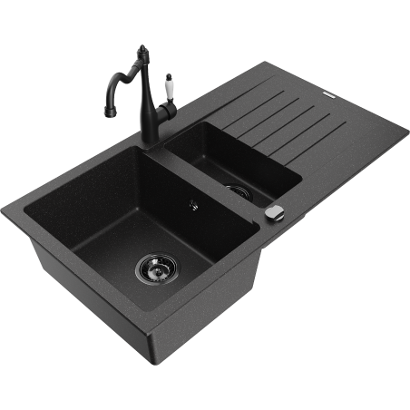 Mexen Matias 1.5-bowl granite kitchen sink with drainer and Carla kitchen faucet, black/silver - 6502-73-670700-70-B