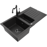 Mexen Matias 1.5-bowl granite kitchen sink with drainer and Carla kitchen faucet, black/silver - 6502-73-670700-70-B