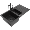 Mexen Matias granite sink 1.5-bowl with drainer and Carla kitchen tap, black/silver - 6502-73-670700-70-B