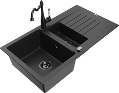 Mexen Matias 1.5-bowl granite sink with drainer and Carla kitchen faucet, black/silver - 6502-73-670700-70-B