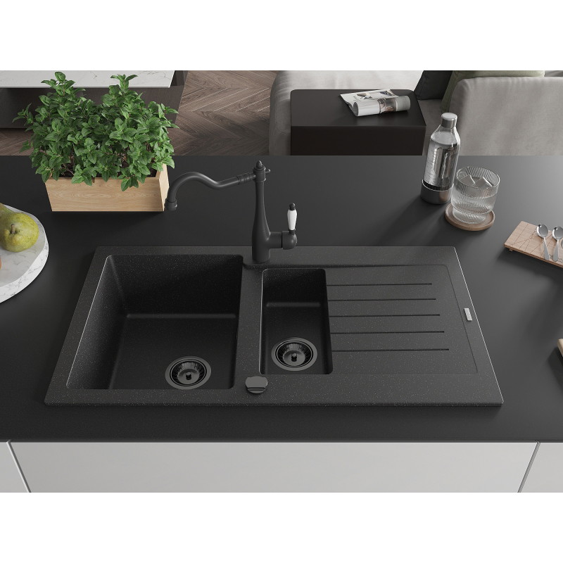 Mexen Matias 1.5-bowl granite sink with drainer and Carla kitchen faucet, black/silver - 6502-73-670700-70-B