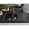 Mexen Matias granite sink 1.5-bowl with drainer and Carla kitchen faucet, black/gold metallic - 6502-75-670700-50