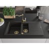Mexen Matias granite sink 1.5-bowl with drainer and Carla kitchen tap, black/gold metallic - 6502-75-670700-50