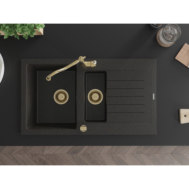 Mexen Matias granite sink 1.5-bowl with drainer and Carla kitchen faucet, black/gold metallic - 6502-75-670700-50