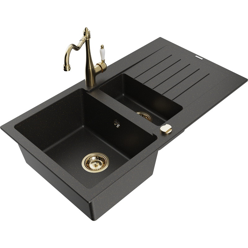 Mexen Matias 1.5-bowl granite sink with drainer and kitchen faucet Carla, black/golden metallic - 6502-75-670700-50