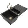 Mexen Matias granite sink 1.5-bowl with drainer and Carla kitchen faucet, black/gold metallic - 6502-75-670700-50
