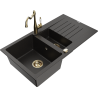 Mexen Matias granite sink 1.5-bowl with drainer and Carla kitchen tap, black/gold metallic - 6502-75-670700-50
