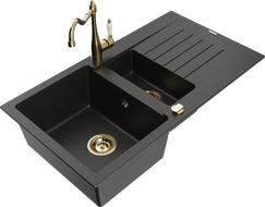 Mexen Matias 1.5-bowl granite sink with drainer and kitchen faucet Carla, black/golden metallic - 6502-75-670700-50