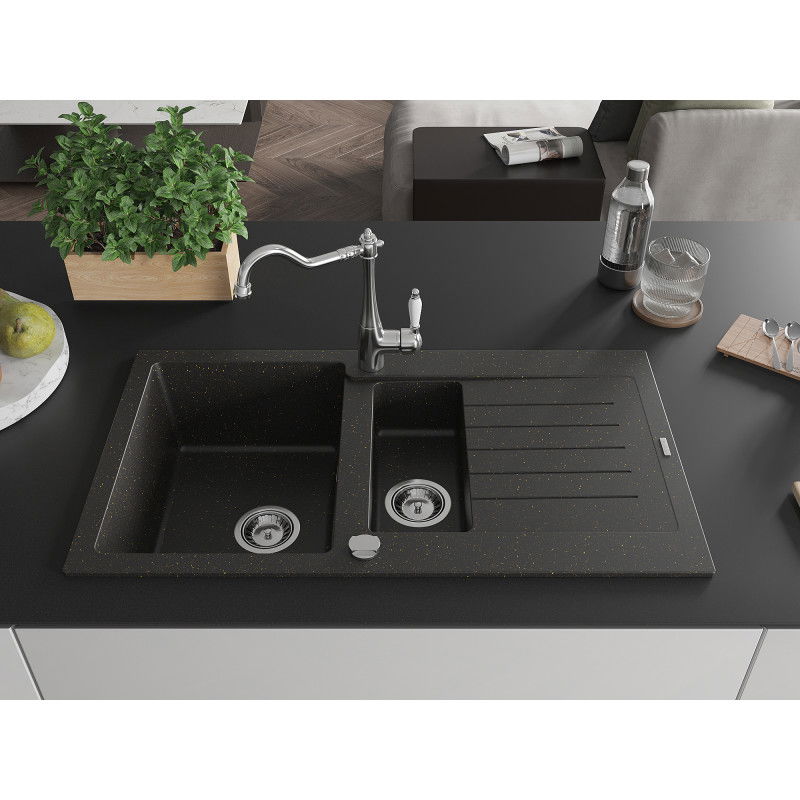 Mexen Matias 1.5-Bowl Granite Sink with Drainer and Carla Kitchen Tap, Black/Gold Metallic - 6502-75-670700-00