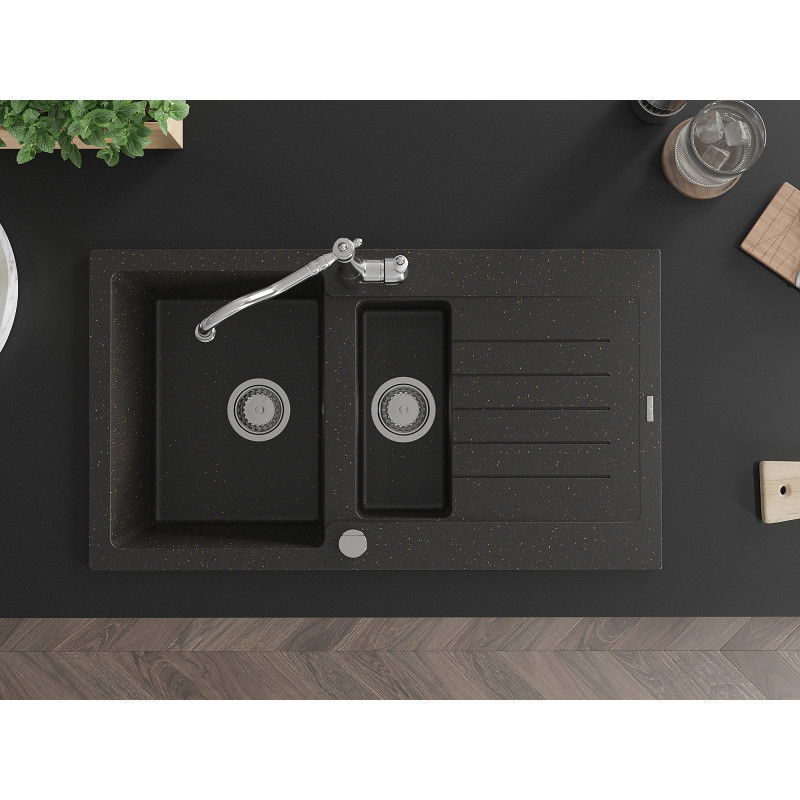 Mexen Matias 1.5-Bowl Granite Sink with Drainer and Carla Kitchen Tap, Black/Gold Metallic - 6502-75-670700-00