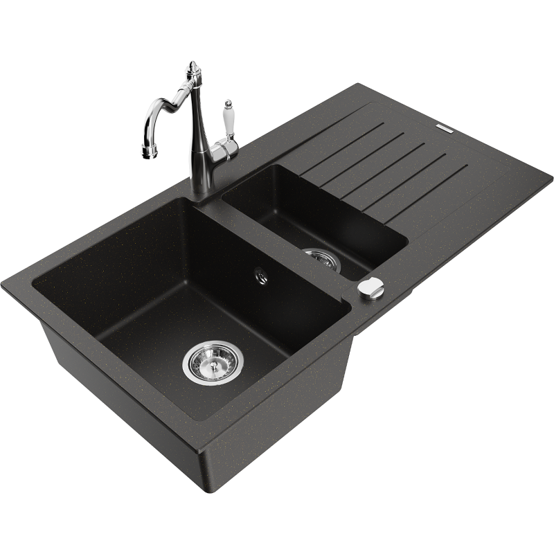 Mexen Matias 1.5-Bowl Granite Sink with Drainer and Carla Kitchen Tap, Black/Gold Metallic - 6502-75-670700-00