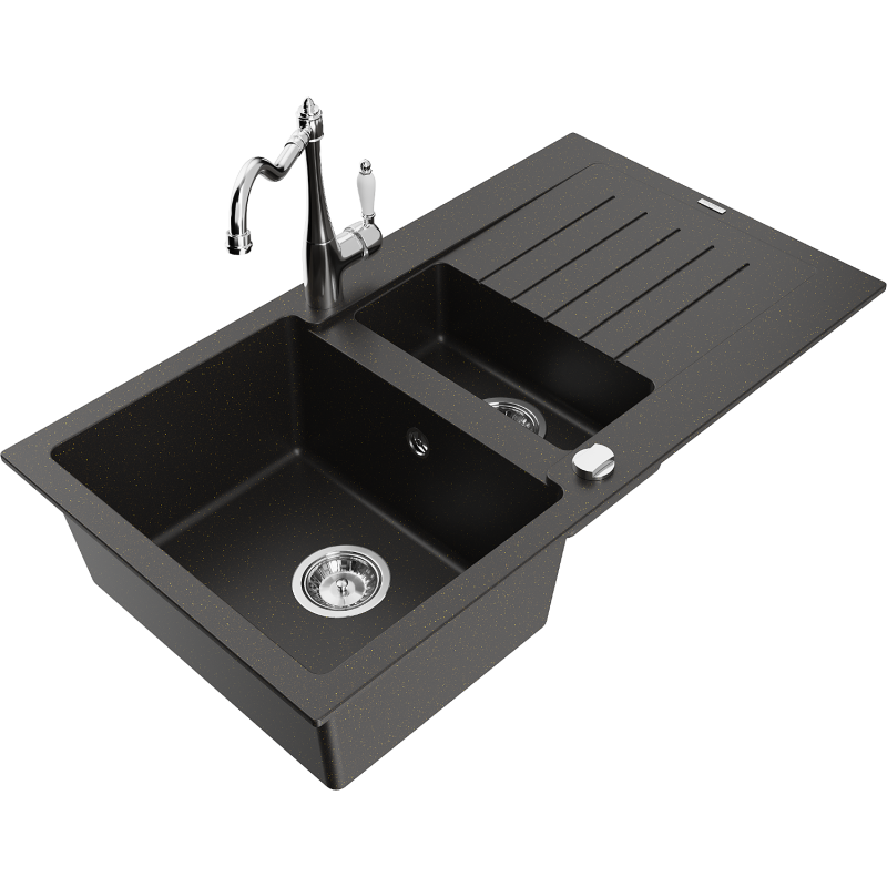 Mexen Matias 1.5-compartment granite sink with a drip tray and kitchen mixer tap Carla, Black/Gold metallic - 6502-75-670700-00
