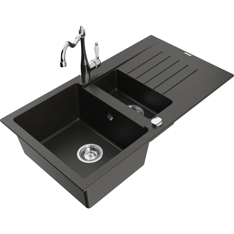 Mexen Matias granite sink 1.5-bowl with drainer and kitchen faucet Carla, black/gold metallic - 6502-75-670700-00