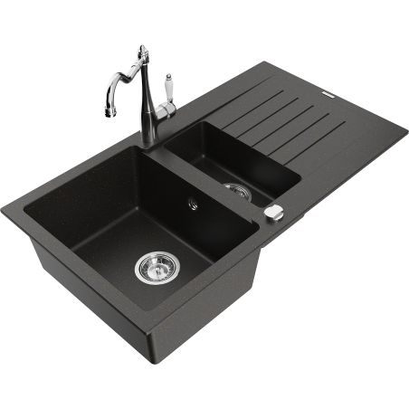 Mexen Matias 1.5-Bowl Granite Sink with Drainer and Carla Kitchen Tap, Black/Gold Metallic - 6502-75-670700-00