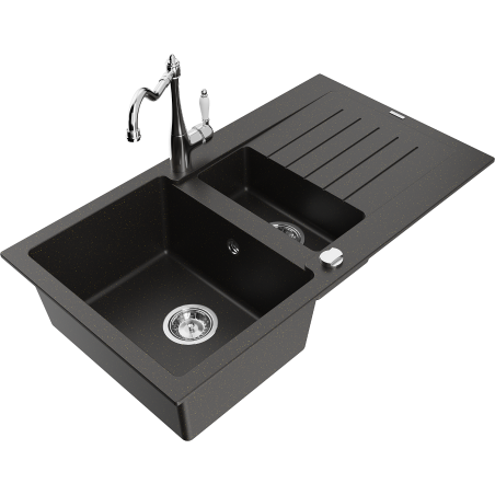 Mexen Matias granite kitchen sink 1.5 bowl with drainer and kitchen faucet Carla, black/gold metallic - 6502-75-670700-00