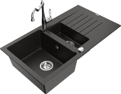 Mexen Matias granite sink 1.5-bowl with drainer and kitchen faucet Carla, black/gold metallic - 6502-75-670700-00
