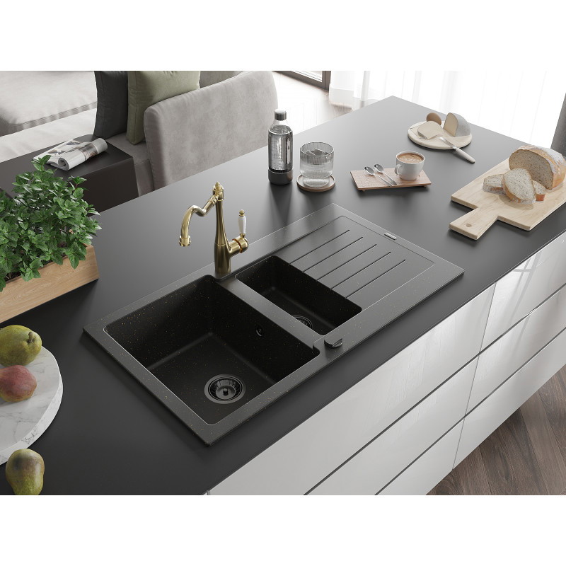 Mexen Matias 1.5-bowl granite sink with drainer and Carla kitchen faucet black/golden metallic - 6502-75-670700-50-B
