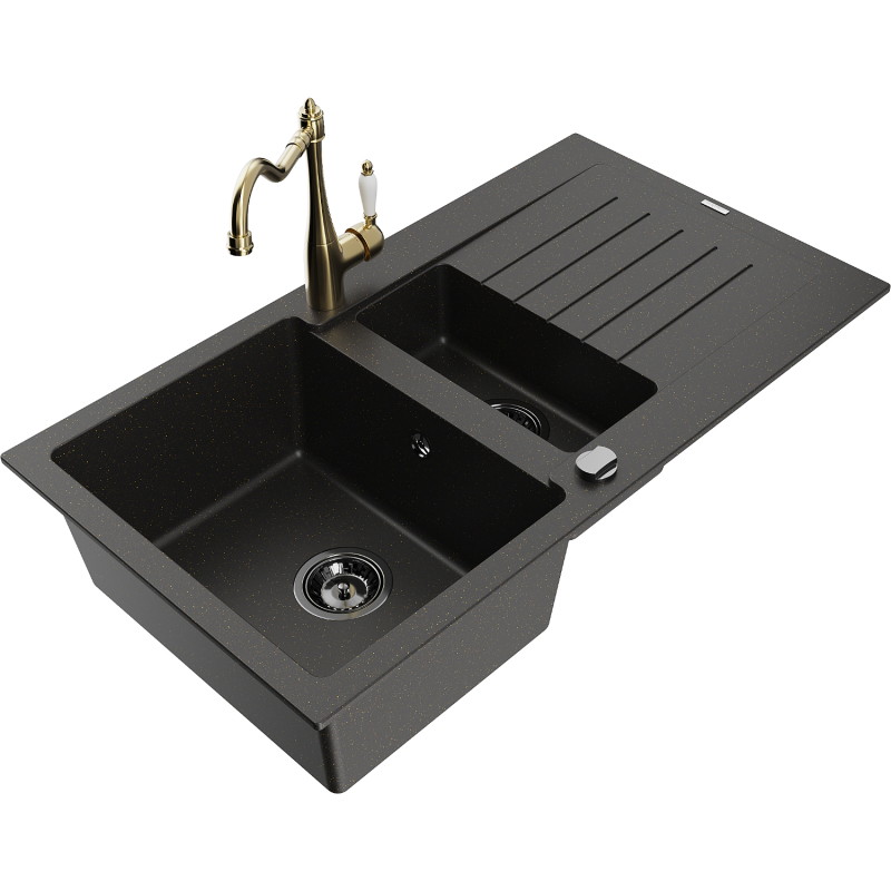 Mexen Matias 1.5-bowl granite sink with drainer and Carla kitchen faucet black/gold metallic - 6502-75-670700-50-B