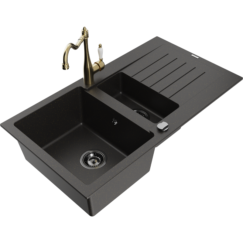 Mexen Matias 1.5-compartment granite sink with a drip tray and kitchen mixer tap Carla Black/Gold metallic - 6502-75-670700-50-B