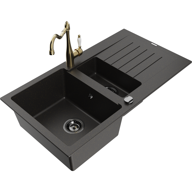 Mexen Matias granite sink 1.5-bowl with drainer and Carla kitchen tap black/gold metallic - 6502-75-670700-50-B