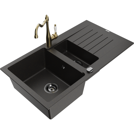 Mexen Matias granite sink 1.5-bowl with drainer and Carla kitchen tap black/gold metallic - 6502-75-670700-50-B